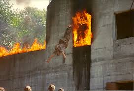 Grenadier devant un bâtiment en flammes
